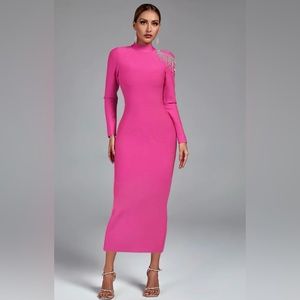 Pink midi dress with shoulder and back jewelry details